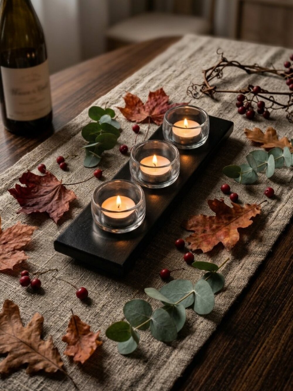 3-Cup Glass Votive/Tealight Candle Holder Centerpiece w/Black Wooden Tray Decor